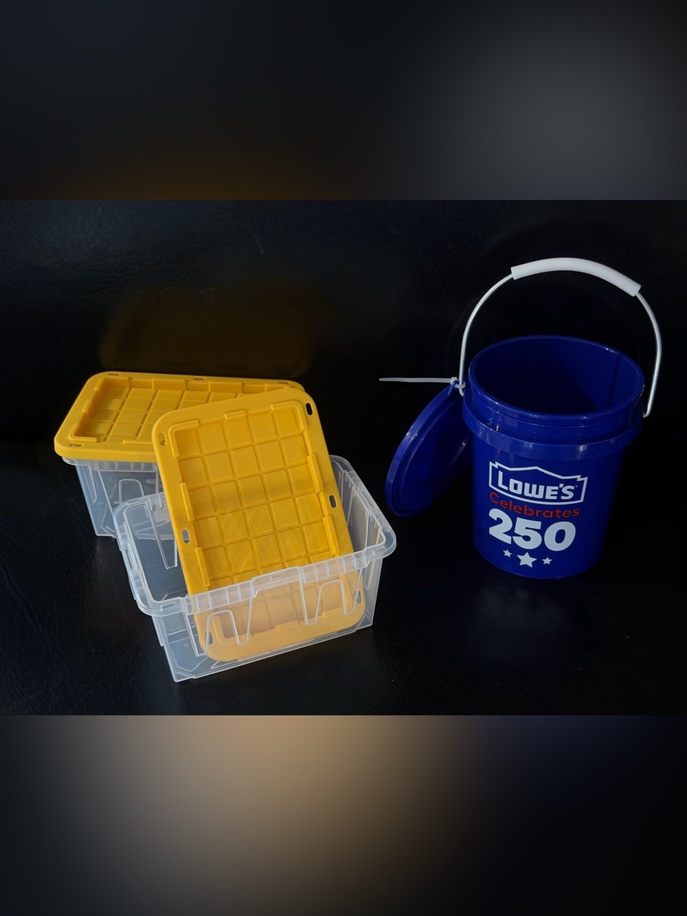 Lowes Teeny Tote tiny mini miniature clear bin AND America 250 blue bucket lid